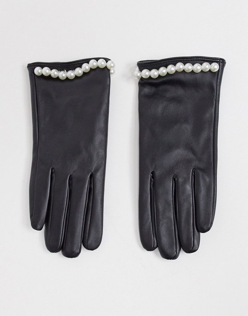 фото Черные перчатки из искусственной кожи с перламутровыми заклепками svnx-черный
