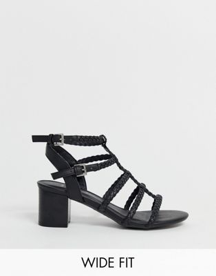 фото Черные плетеные босоножки из искусственной кожи на блочном каблуке для широкой стопы new look-черный new look wide fit