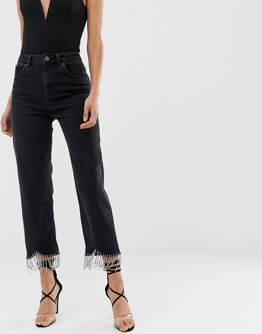 фото Черные прямые джинсы с завышенной талией и бахромой из страз asos design farleigh-черный