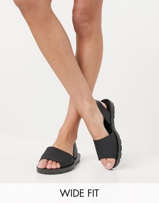 фото Черные резиновые сандалии для широкой стопы на плоской подошве с ремешком через пятку london rebel-черный цвет