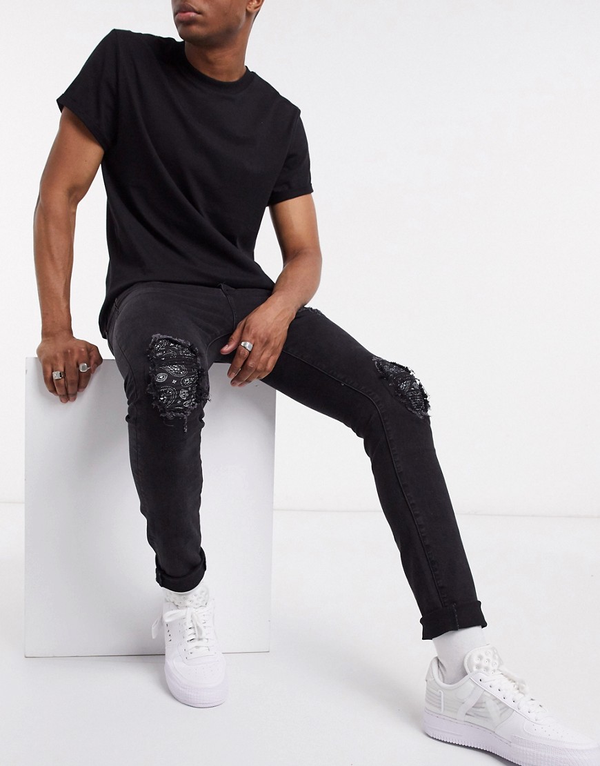 фото Черные рваные джинсы с принтом пейсли на вставке sixth june-черный