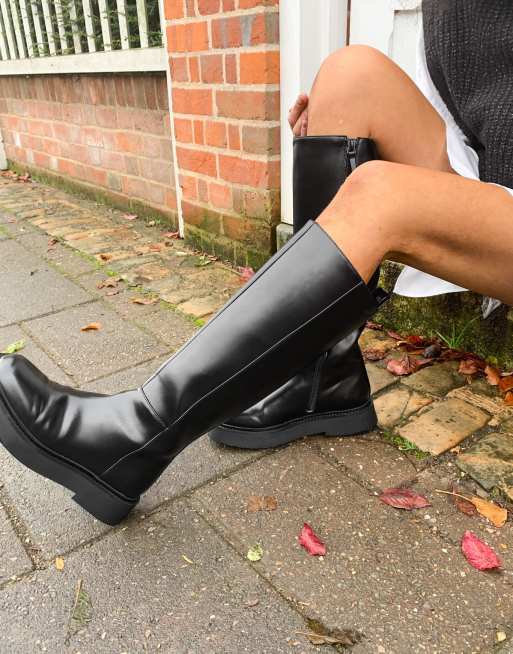 asos design christa flatform knee boots in black patent