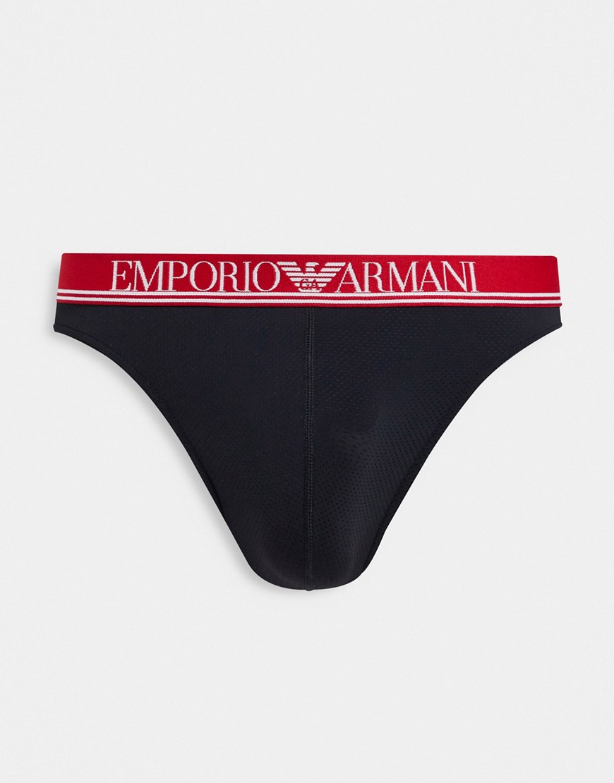 фото Черные сетчатые стринги из микрофибры с красным поясом emporio armani bodywear-черный цвет