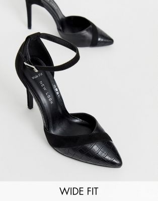 фото Черные туфли на каблуке из искусственной крокодиловой кожи с острым носом new look wide fit-черный