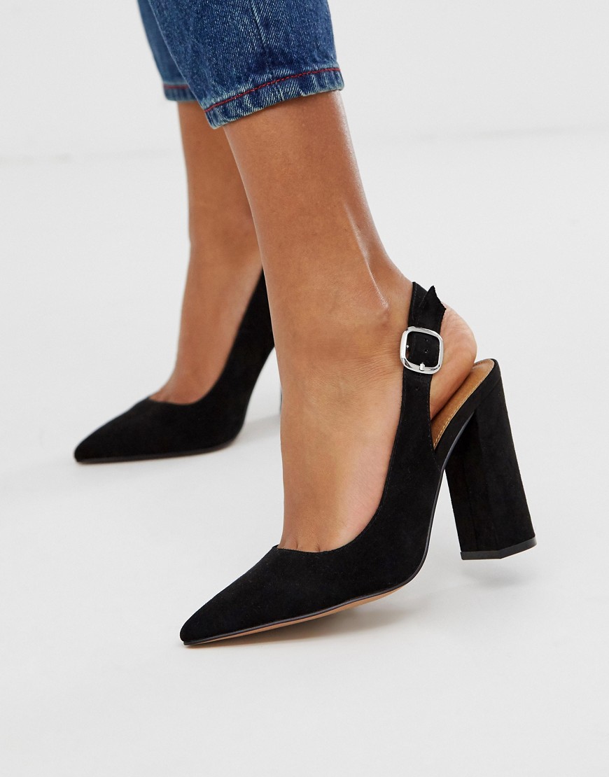 фото Черные туфли на высоком каблуке с ремешком через пятку asos design penley-черный