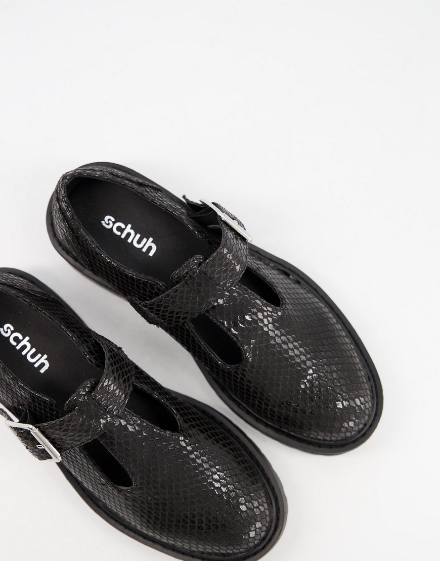 фото Черные туфли в стиле мэри джейн из искусственной кожи под змею на массивной подошве с ремешком schuh lani-черный цвет