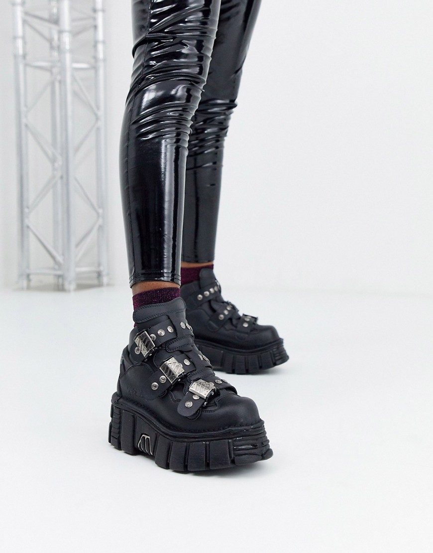 фото Черные высокие кроссовки из искусственной кожи на массивной подошве new rock-черный