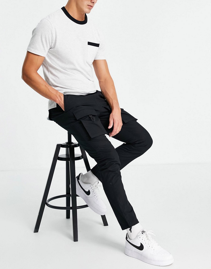 фото Черные зауженные брюки карго с карманами спереди topman-черный цвет