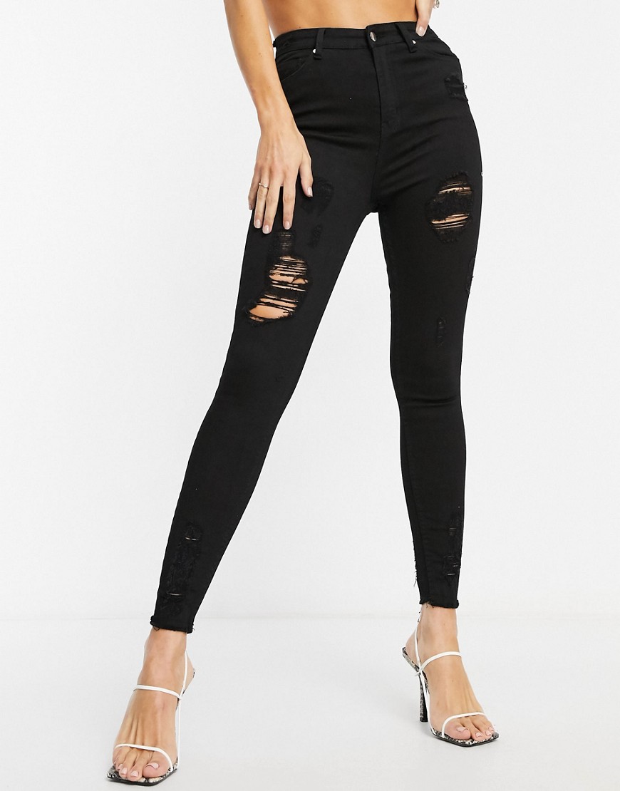 Черные зауженные джинсы с рваной отделкой и завышенной талией NaaNaa-Черный