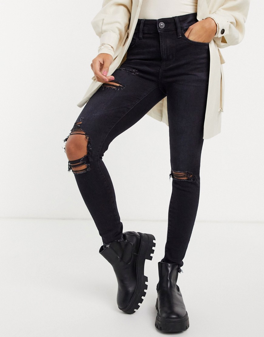 Черные зауженные джинсы с завышенной талией и рваными коленями American Eagle-Черный