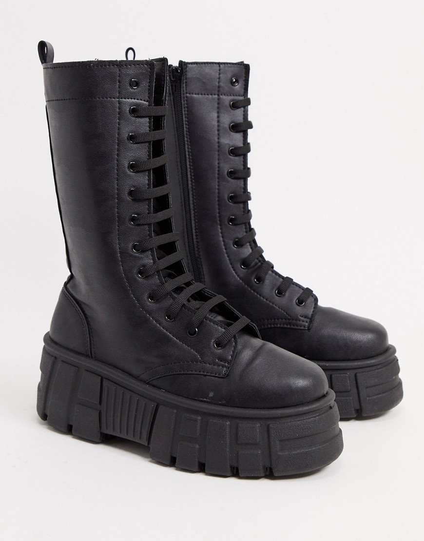 фото Черные высокие ботинки на массивной подошве со шнуровкой asos design athens 2-черный