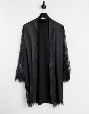 Ночная одежда  Asos Черный атласный халат с кружевными рукавами Love & Other Things-Черный цвет