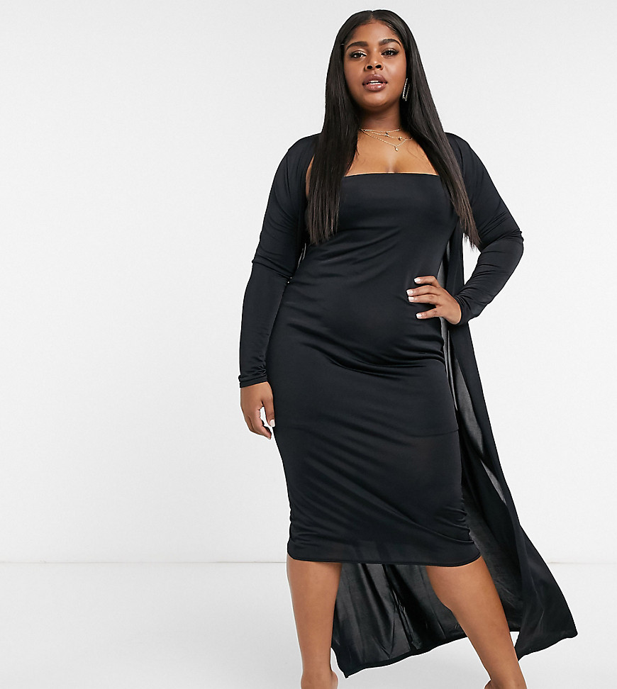 Черный атласный комплект из платья миди и халата ASOS DESIGN Curve