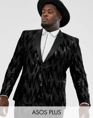 Черный бархатный пиджак приталенного кроя с пайетками ASOS DESIGN Plus 70eae23b фото