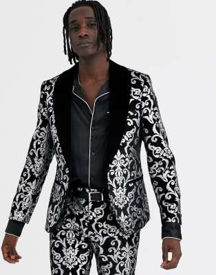 Черный бархатный приталенный пиджак с серебристым принтом Twisted Tailor 8fadd19b фото