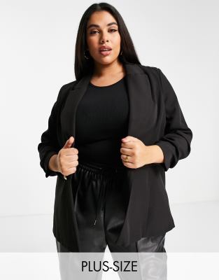 Черный блейзер со сборками на рукавах River Island Plus-Черный цвет