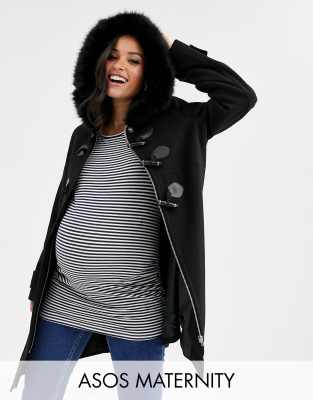 фото Черный дафлкот с отделкой искусственным мехом asos design maternity asos maternity