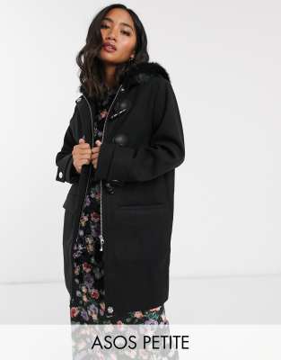 Черный дафлкот с отделкой из искусственного меха ASOS DESIGN Petite