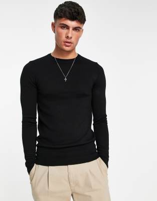 Черный джемпер из мериносовой шерсти с круглым вырезом ASOS DESIGN