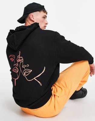 фото Черный худи в стиле oversized с контурным рисунком лиц на спине asos design-черный цвет