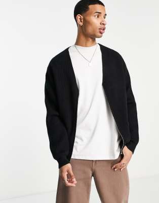 фото Черный кардиган в рубчик на молнии topman