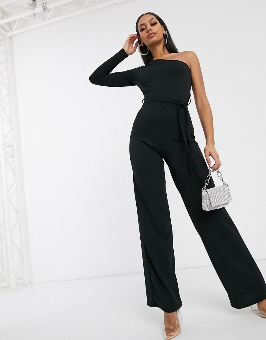 фото Черный комбинезон на одно плечо с широкими штанинами femme luxe
