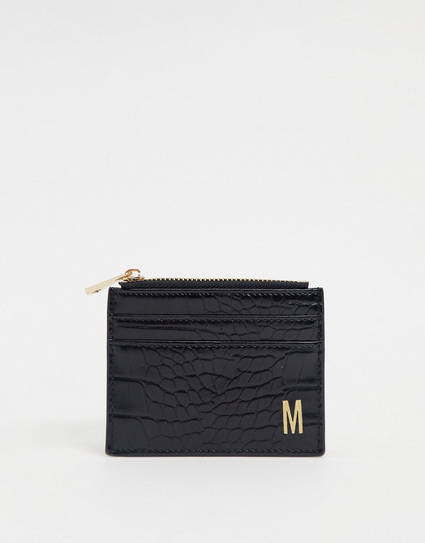 фото Черный кошелек и кредитница с эффектом крокодиловой кожи и буквой "m" asos design