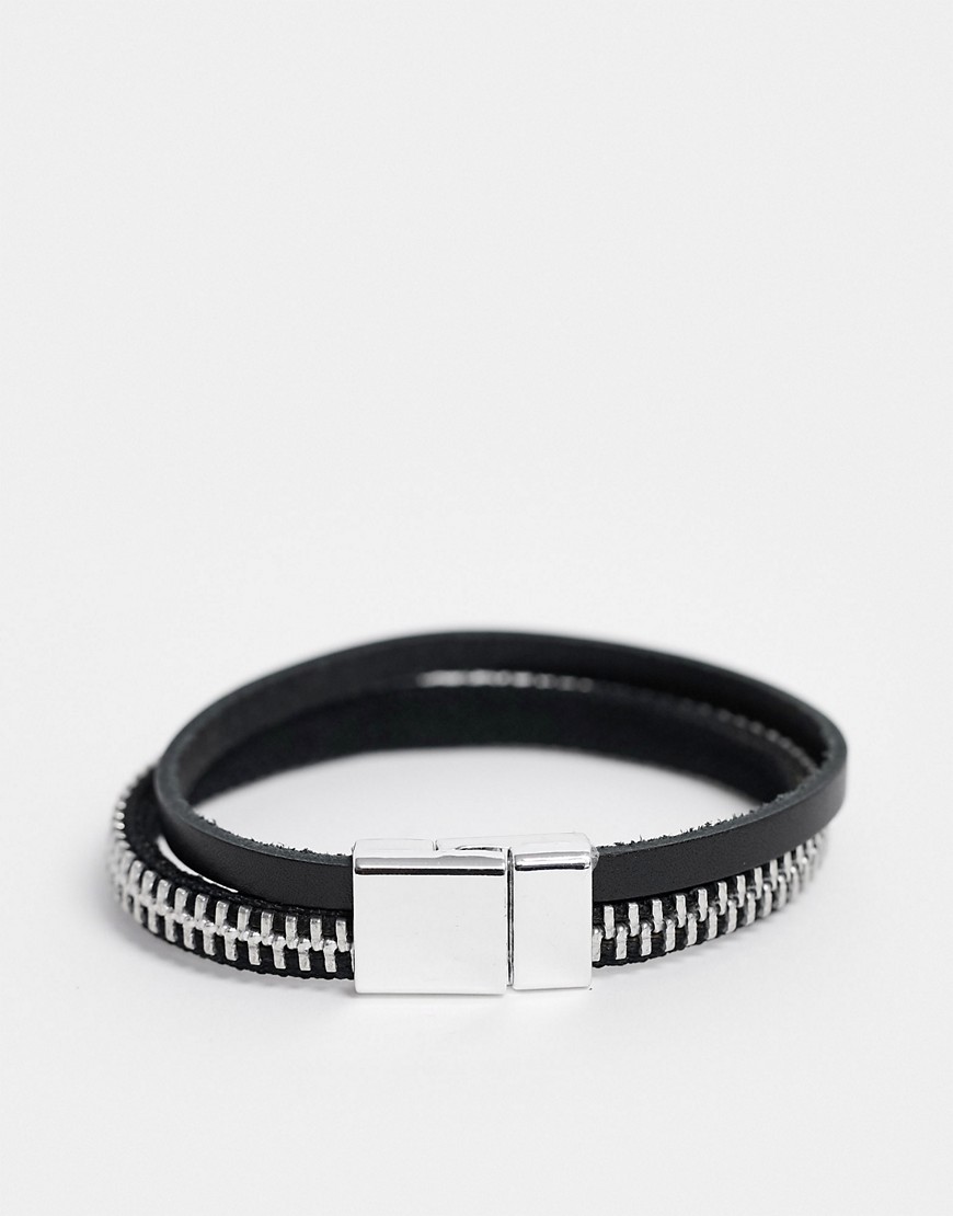 фото Черный кожаный браслет с серебристой молнией asos design