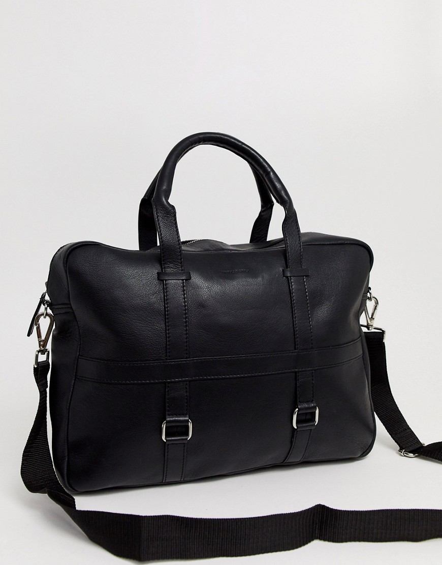 фото Черный кожаный портфель с двумя ручками и металлическими кольцами asos design