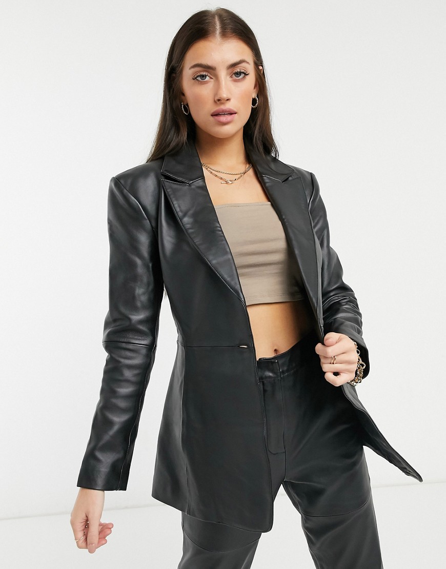 фото Черный кожаный приталенный пиджак asos design premium