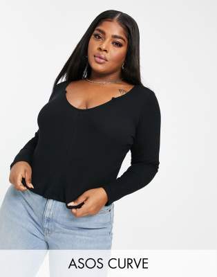 фото Черный кроп-топ в рубчик с вырезом с разрезом и с длинными рукавами asos design curve asos curve