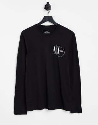 Футболки с принтом Черный лонгслив с круглым принтом логотипа Armani Exchange AX-Черный цвет