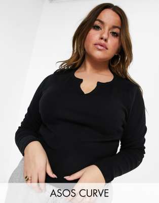 Черный облегающий кроп-топ с длинными рукавами и разрезом ASOS DESIGN Curve