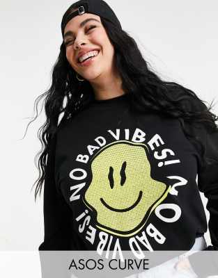 фото Черный oversized-свитшот с принтом "happy vibes" asos design curve-черный цвет asos curve