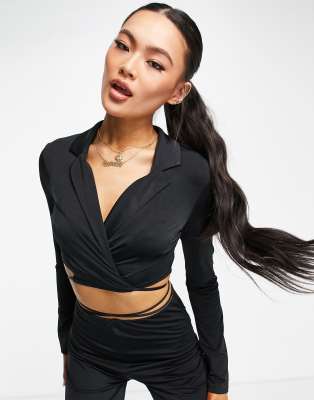 Блейзеры Черный пиджак в стиле 00-х из атласного трикотажа ASOS DESIGN-Черный цвет