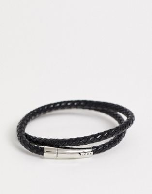 фото Черный плетеный кожаный браслет с застежкой из нержавеющей стали icon brand