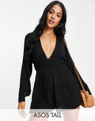 Черный пляжный ромпер с длинными рукавами и глубоким вырезом ASOS DESIGN Tall-Черный цвет