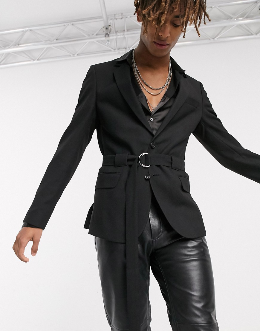 фото Черный приталенный пиджак с поясом asos design