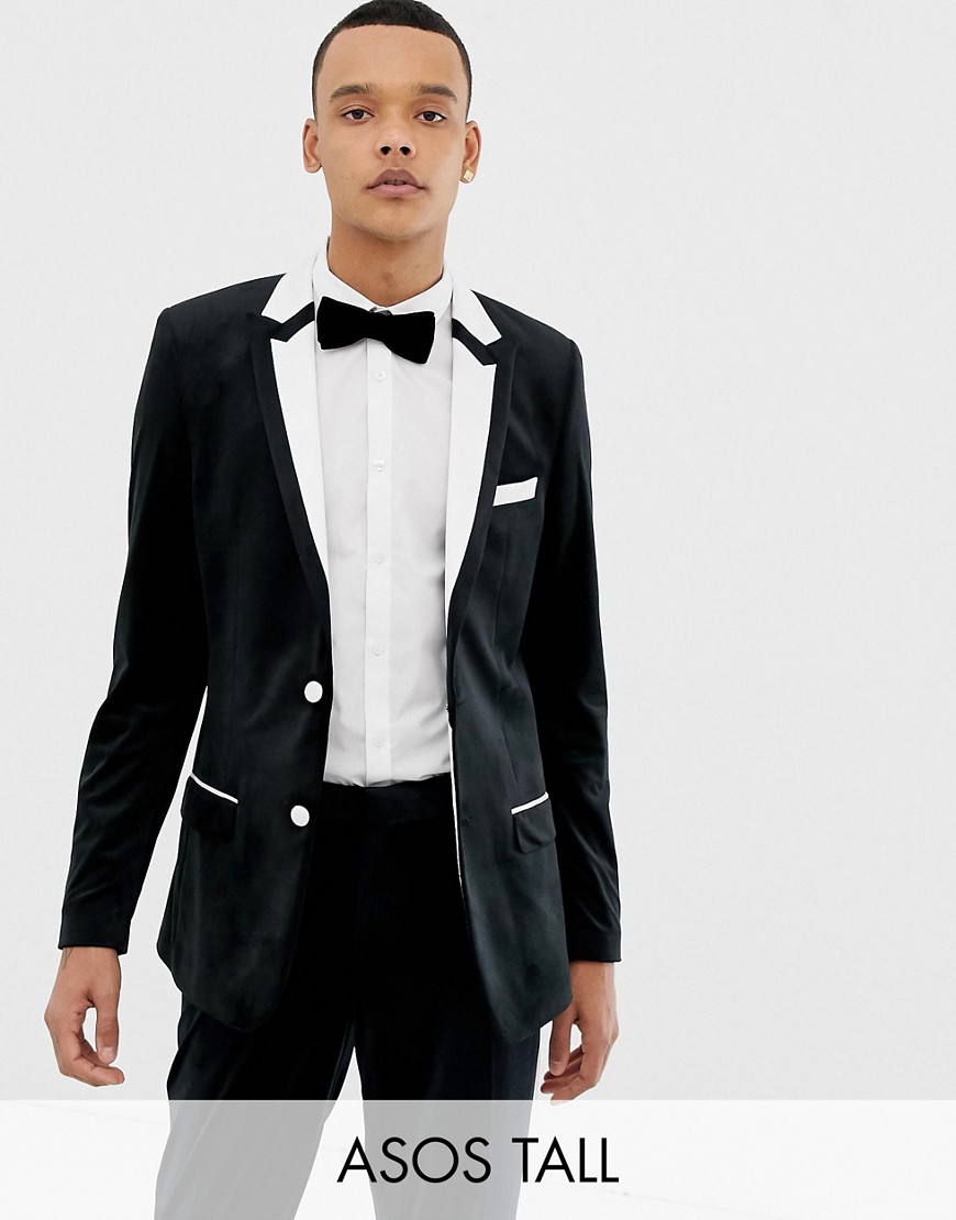 фото Черный приталенный пиджак-смокинг с белой отделкой asos design tall