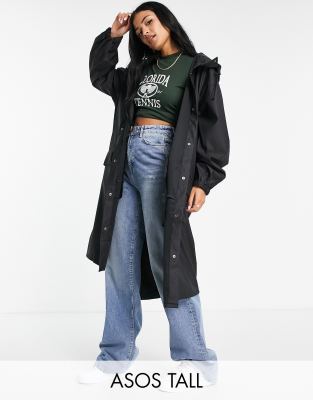 Черный прорезиненный дождевик миди ASOS DESIGN Tall-Черный цвет