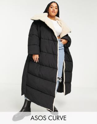 Пальто и куртки Черный пуховик макси с воротником «борг» и поясом ASOS DESIGN Curve-Черный цвет
