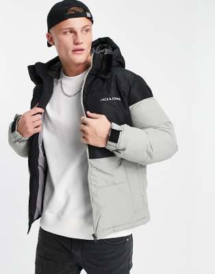 фото Черный пуховик с капюшоном и блочным дизайном jack & jones core