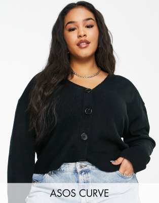 фото Черный пушистый кардиган прямого кроя на пуговицах asos design curve-черный цвет asos curve