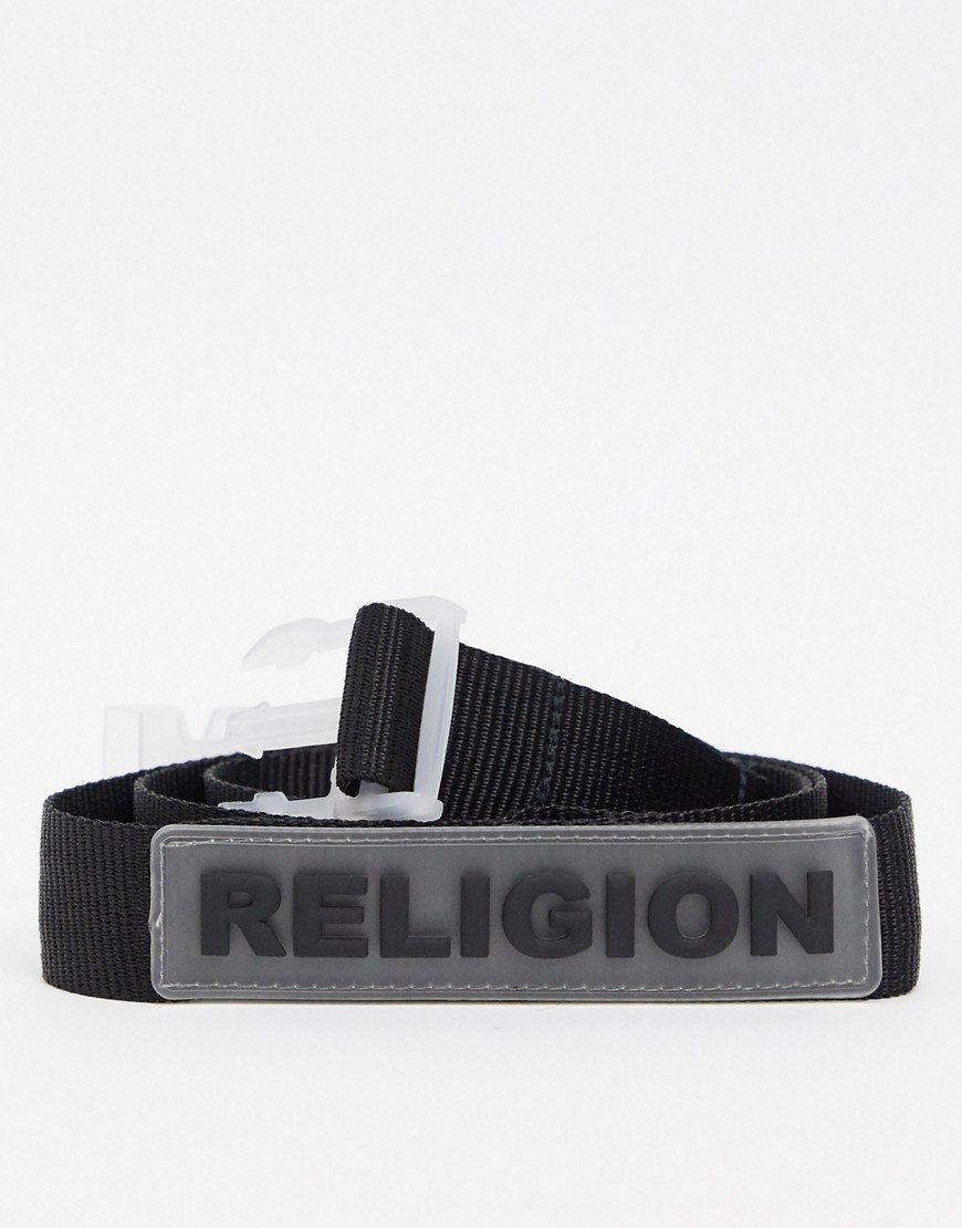 фото Черный ремень с прозрачной пряжкой и резиновым логотипом religion