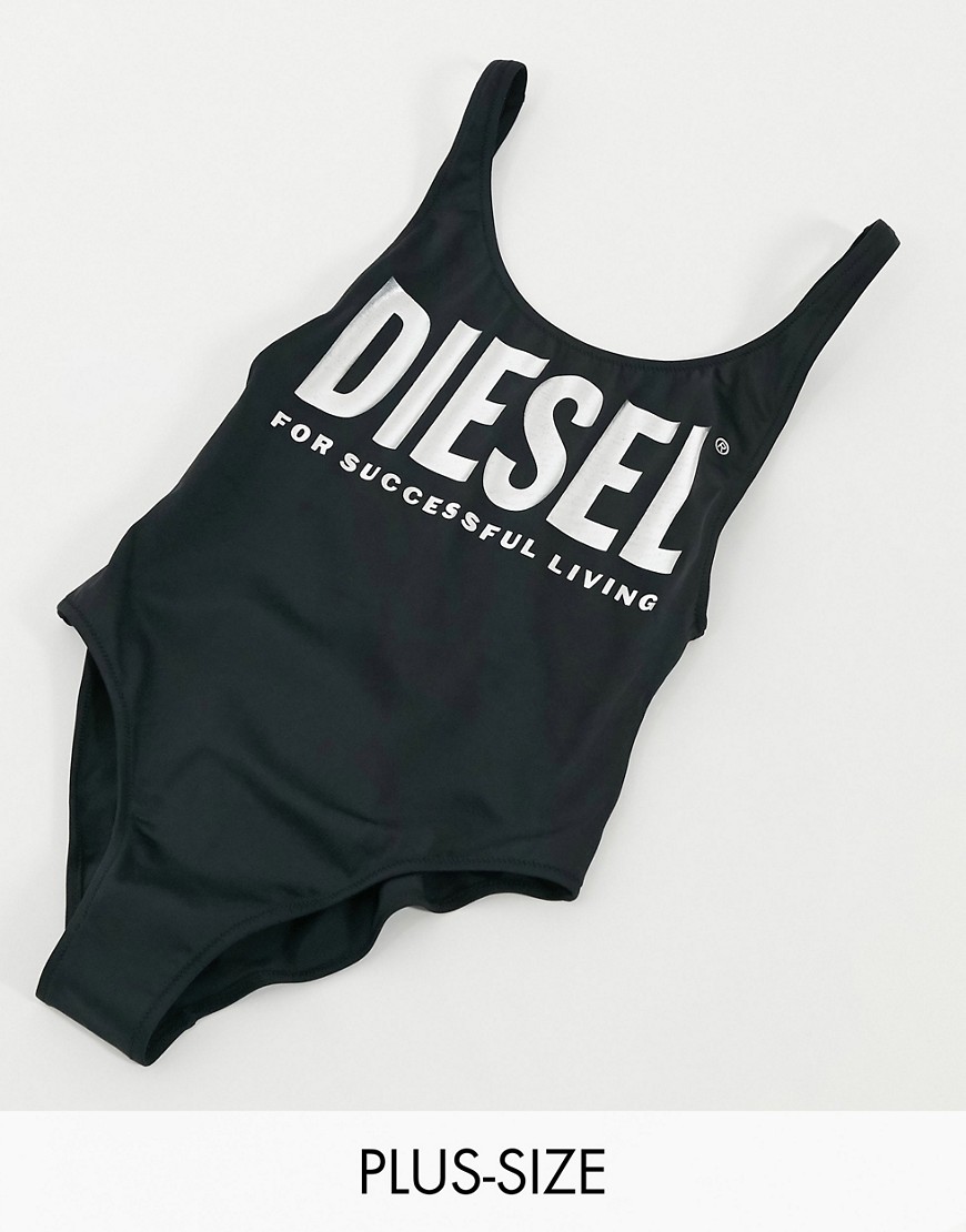 фото Черный слитный купальник с большим логотипом металлик diesel