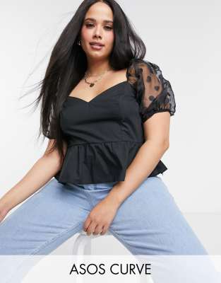 фото Черный топ с баской и рукавами из органзы asos design curve asos curve