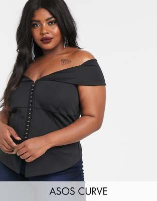 фото Черный топ с открытыми плечами и застежкой на крючок asos design asos curve