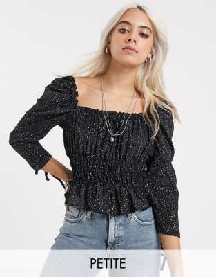 фото Черный топ в горошек со сборками topshop petite