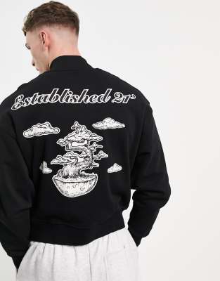  Черный трикотажный oversized-бомбер с принтом бонсай на спине ASOS DESIGN-Черный цвет
