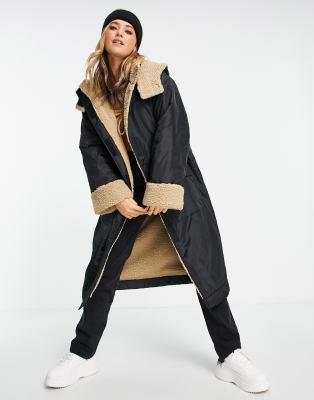 Пальто Черный дождевик макси с подкладкой из искусственного меха ASOS DESIGN-Черный цвет